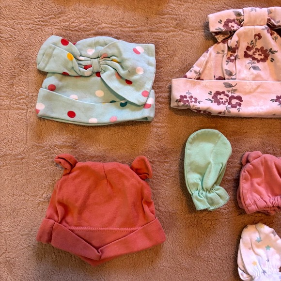 Baby Girl Hat & Mitten Bundle (9 Hats + 6 Mittens) | Newborn–6M | Pink, Floral, - Picture 2 of 6